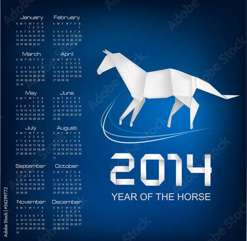 Calendar for the year 2014. Origami horse. Vector.