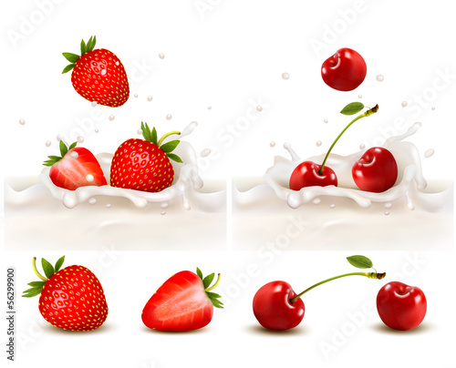 Fototapeta Naklejka Na Ścianę i Meble -  Red strawberry and cherries fruits falling into the milky splash