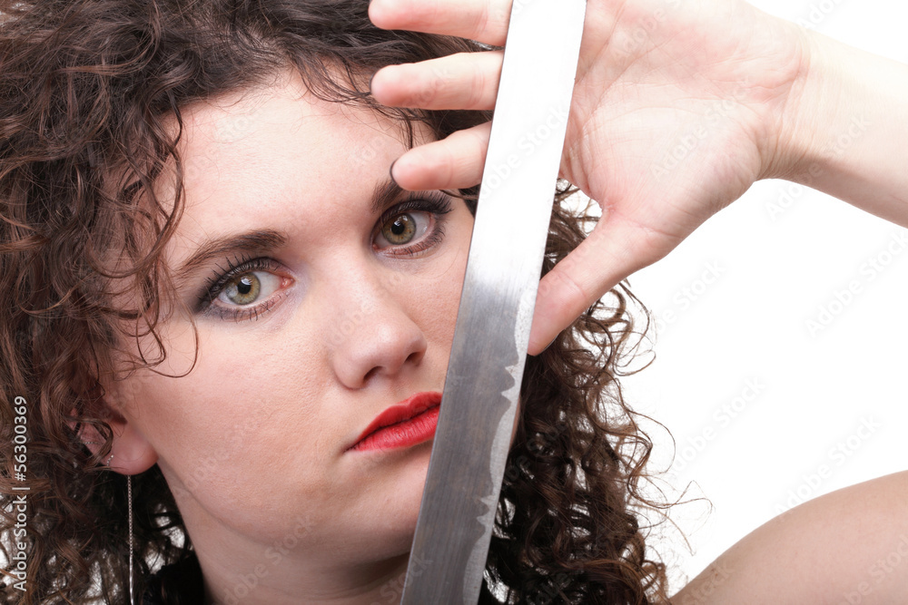 Naklejka premium Portrait curly woman curly girl and sword