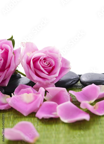 Spa stones with rose flower with petals on green mat photo