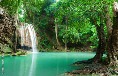 Blue stream waterfall in Kanjanaburi Thailand  Erawan waterfall