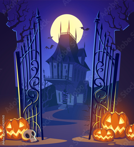 Spooky old ghost house. Halloween background.