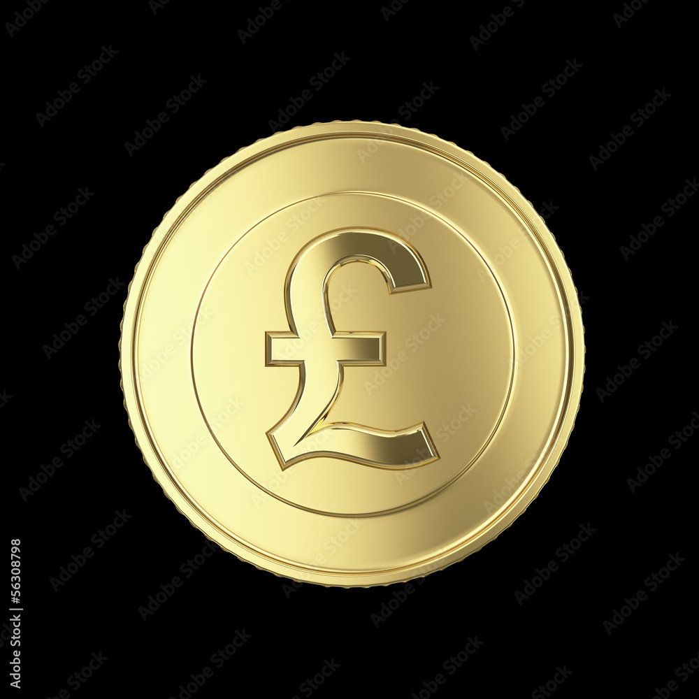 Beautiful golden Pound coin isolated on black with clipping path