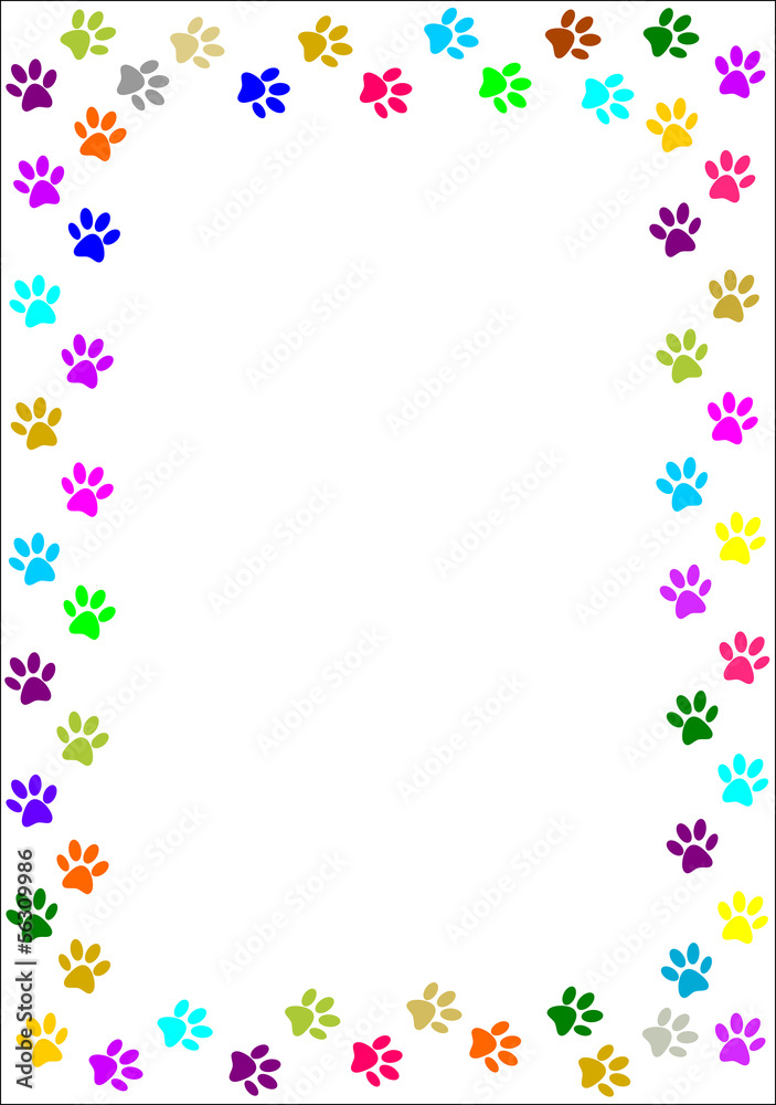 Colourful paw prints border.