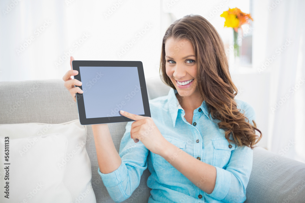 Attractive brunette showing her tablet screen Attractive brunette showing her tablet screen