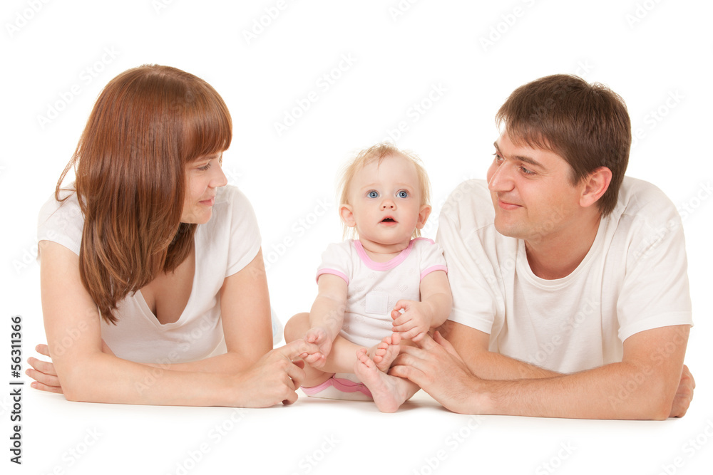 Happy family lying on the white background Happy family lying on the white background