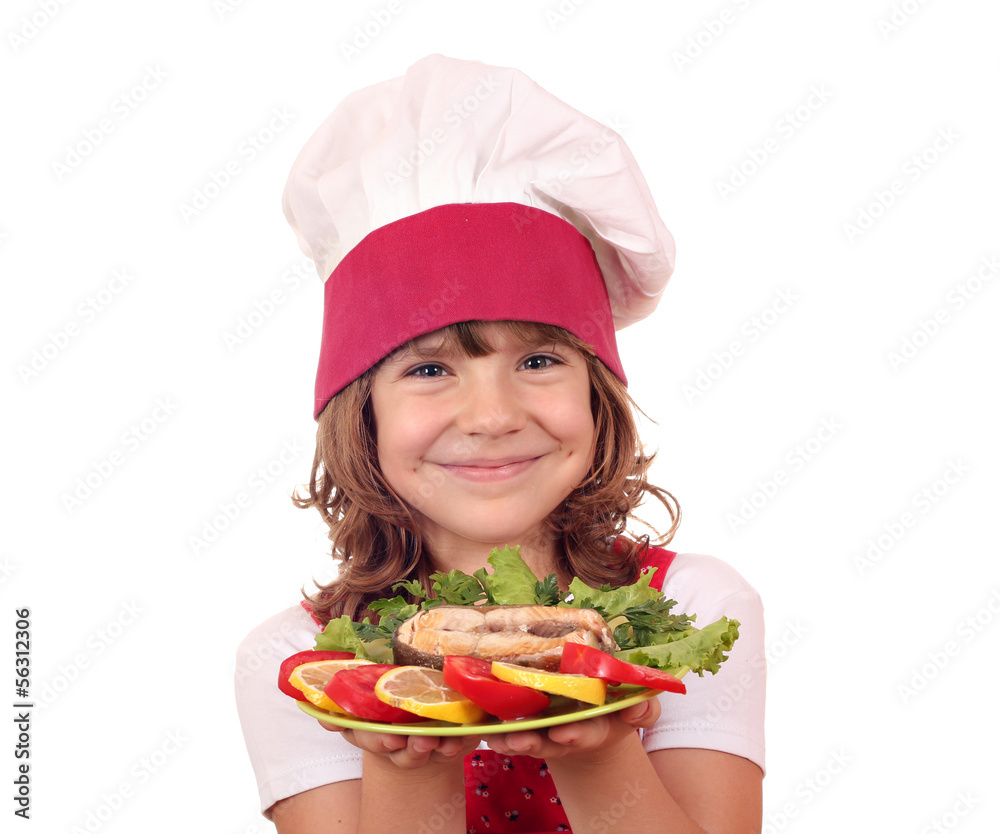 beautiful little girl cook with salmon seafood beautiful little girl cook with salmon seafood