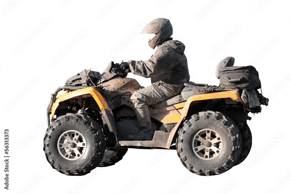 Fototapeta premium Dirty off-road yellow ATV with rider isolated on white