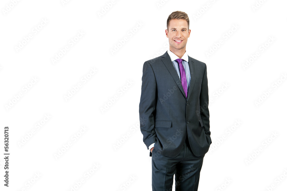 Full body portrait of happy smiling business man, isolated on wh Full body portrait of happy smiling business man, isolated on wh