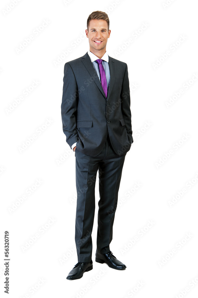 Full body portrait of happy smiling business man, isolated on wh Full body portrait of happy smiling business man, isolated on wh