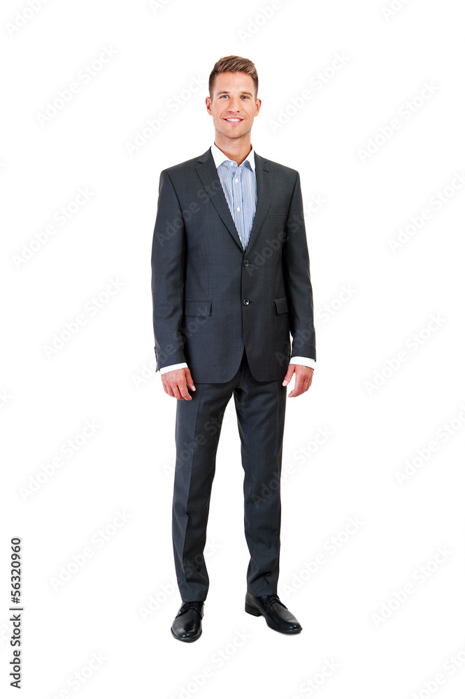 Full body portrait of happy smiling business man, isolated on wh Full body portrait of happy smiling business man, isolated on wh