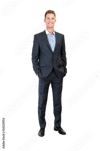 Full body portrait of happy smiling business man, isolated on wh