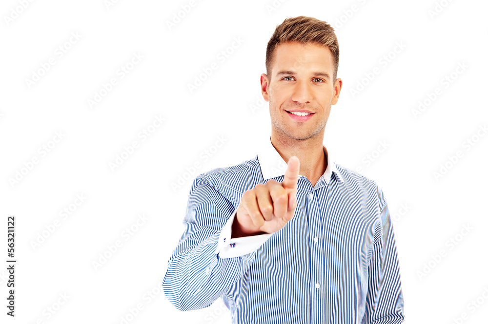 Business Man pushing on a touch screen interface Business Man pushing on a touch screen interface