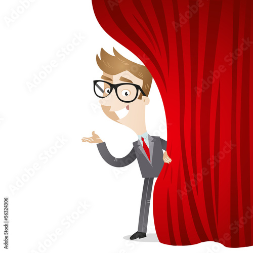 Businessman, curtain, presenting, stage, welcome
