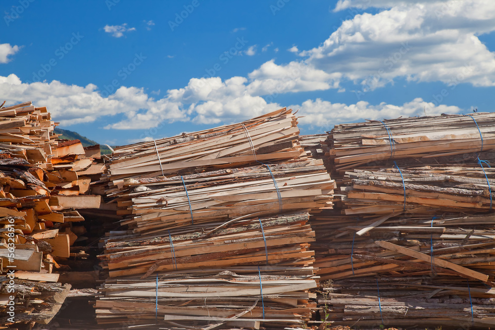 Closeup on the plank stack at timber plant