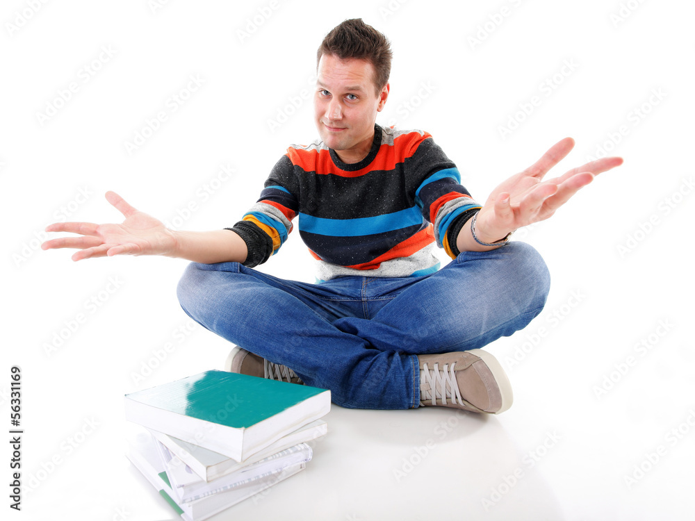 male student offering books isolated