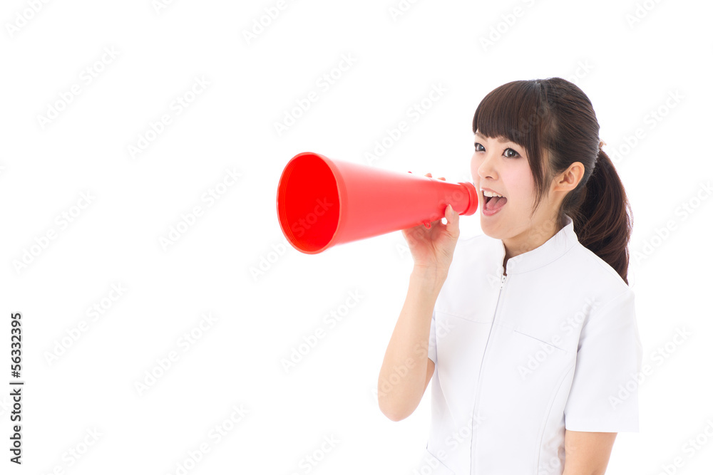 young asian nurse cheering on white background young asian nurse cheering on white background
