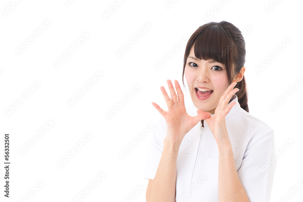young asian nurse yelling on white background young asian nurse yelling on white background