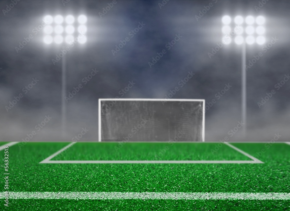 Empty Soccer Field and Spotlight with Smoke