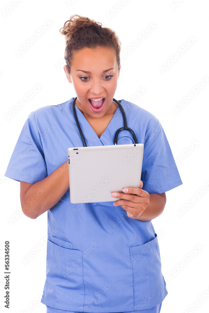 Young doctor with stethoscope and tablet isolated on white backg Young doctor with stethoscope and tablet isolated on white backg
