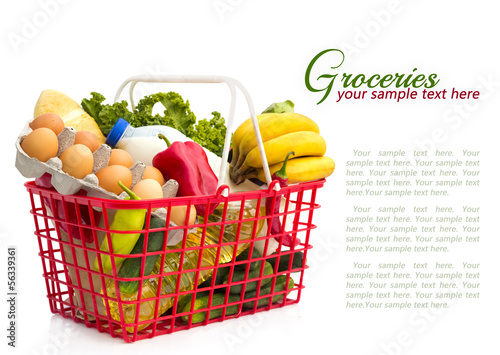 Shopping basket with groceries photo