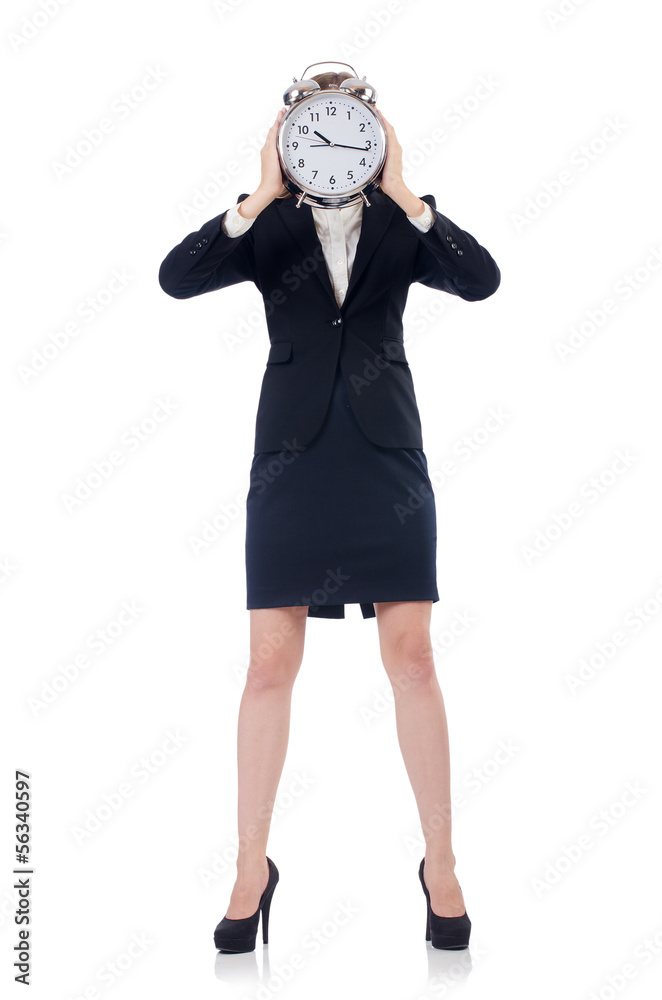 Businesswoman with clock isolated on white Businesswoman with clock isolated on white