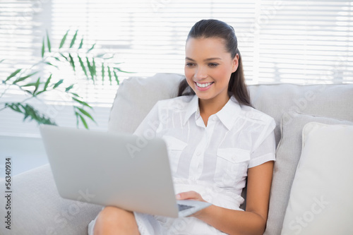 Smiling pretty woman using laptop
