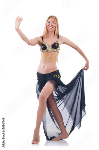 Girl dancing belly dance on white