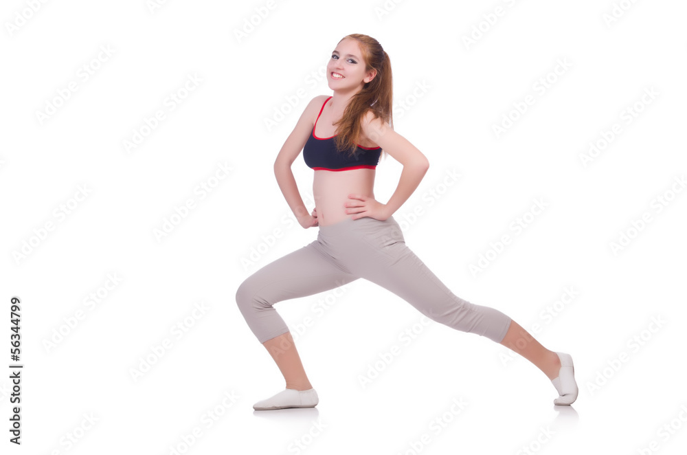 Young woman doing exercises on white