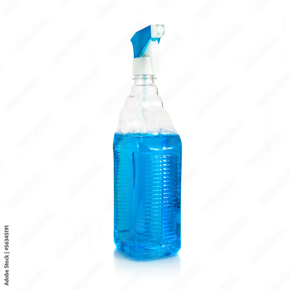 Glass cleaner with blue liquid inside over white background Glass cleaner with blue liquid inside over white background