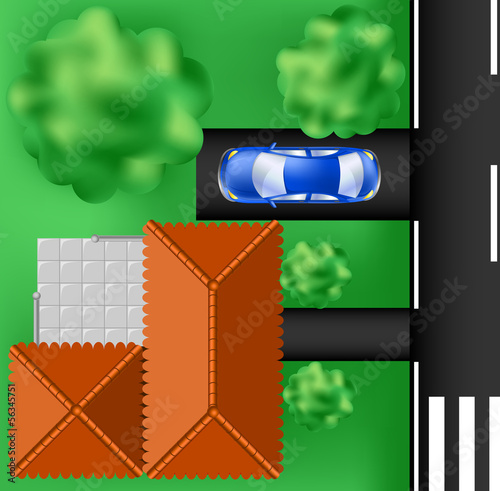 House from top view with car and road