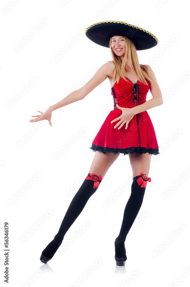 Model in red dress wearing sombrero Model in red dress wearing sombrero