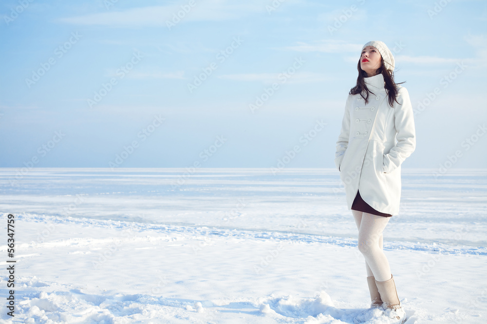 Emotive portrait of a fashionable model in white coat and beret Emotive portrait of a fashionable model in white coat and beret