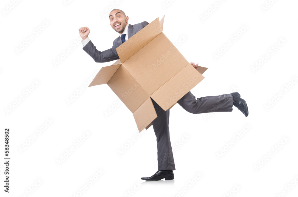 Businessman with box isolated on the white Businessman with box isolated on the white