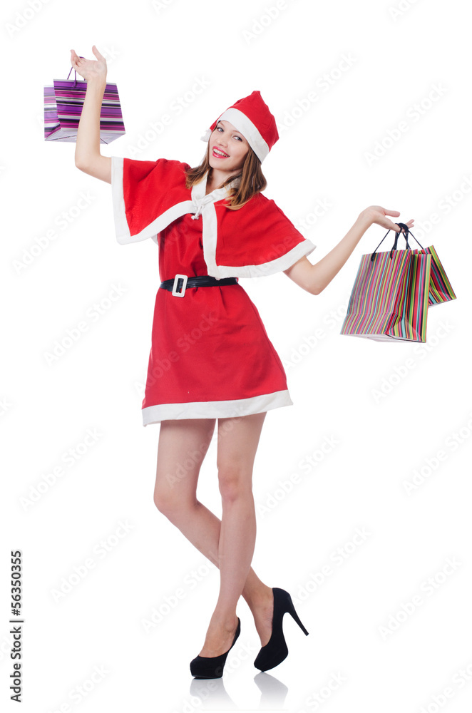 Young woman in red santa costume on white Young woman in red santa costume on white