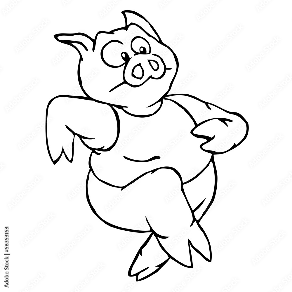 Obraz premium Black and white running cartoon pig wearing a shirt.