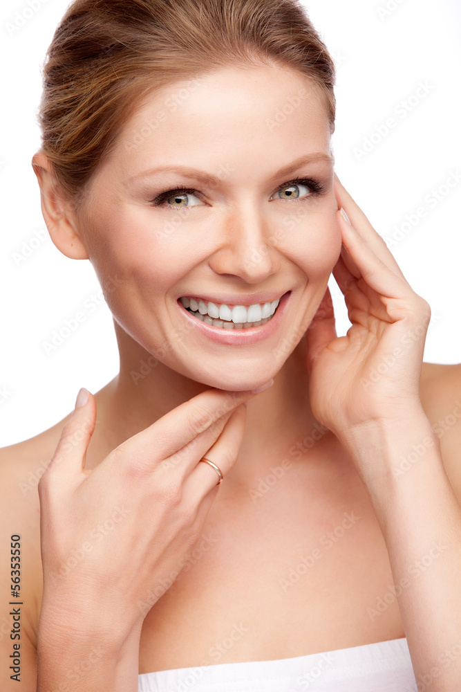 Portrait of beautiful woman on white background