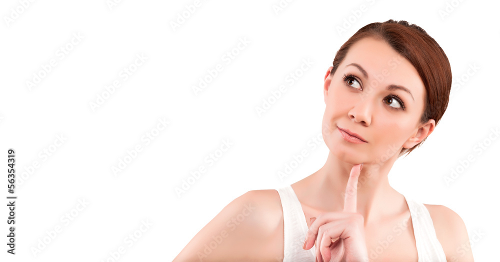 Portrait of woman thinking pensive looking up at copy space Portrait of woman thinking pensive looking up at copy space