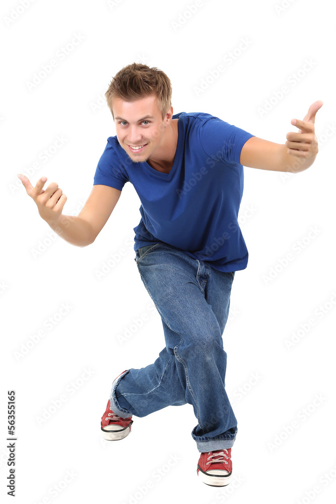 Handsome young man dancing isolated on white Handsome young man dancing isolated on white