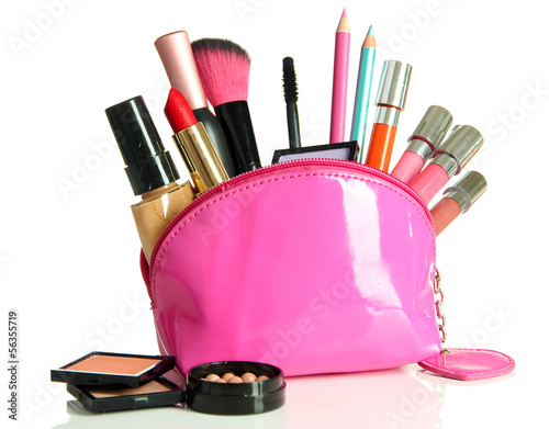 Beautiful make up bag with cosmetics , isolated on white