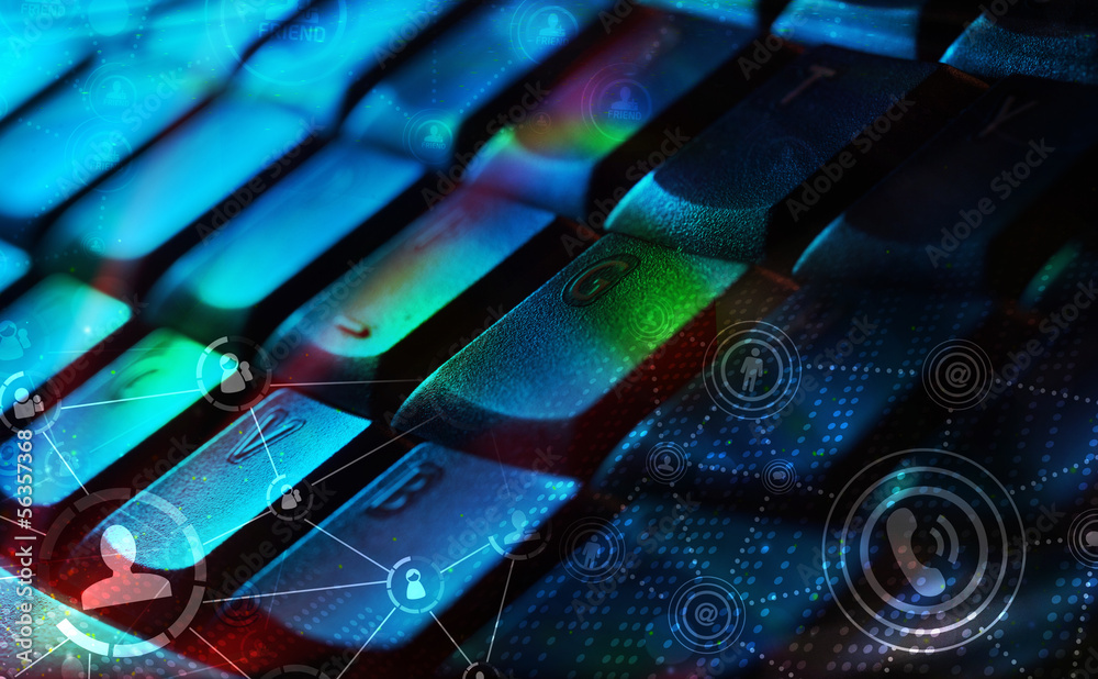 Keyboard with glowing social network icons Keyboard with glowing social network icons