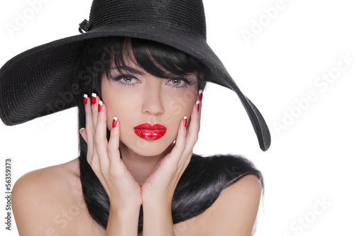 Beauty Brunette Woman with glamour bright makeup and red manicur photo