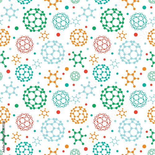 Vector colorful molecules seamless pattern background in pastel