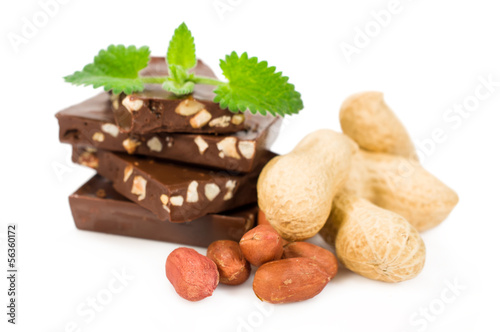 chocolate with peanuts and fresh mint leaves