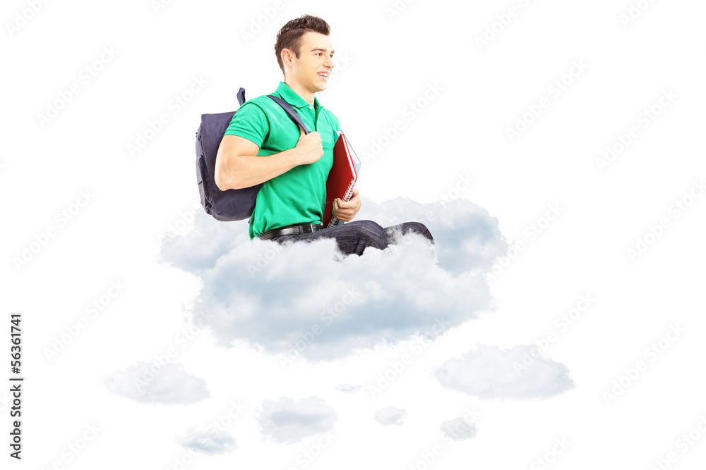 Young male student with schoolbag sitting on clouds and looking Young male student with schoolbag sitting on clouds and looking