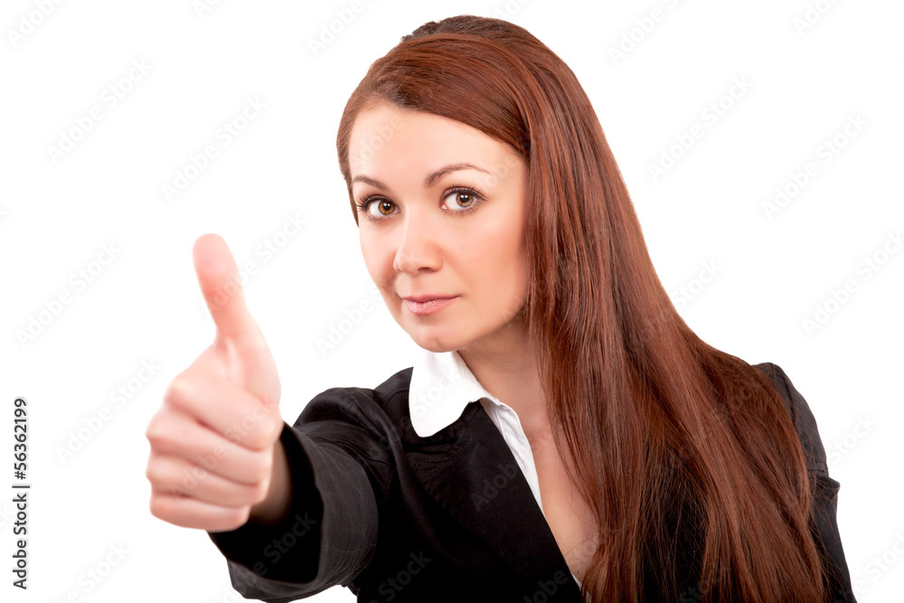 successful businesswoman showing thumbs up and smiling successful businesswoman showing thumbs up and smiling