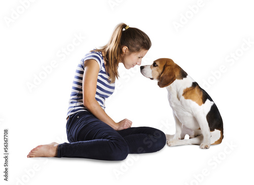 Dog and woman in studio