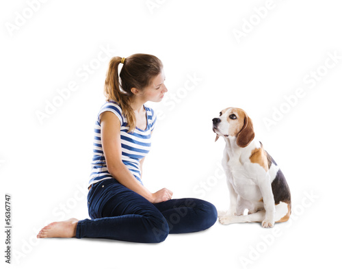 Dog and woman in studio