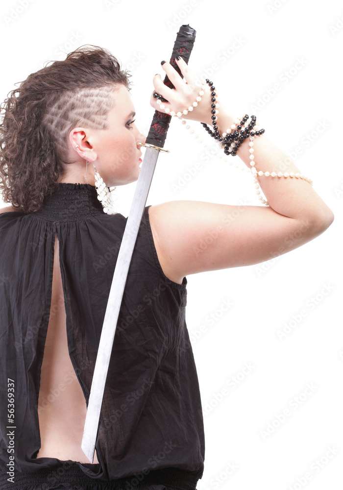 Portrait curly woman curly girl and sword Portrait curly woman curly girl and sword