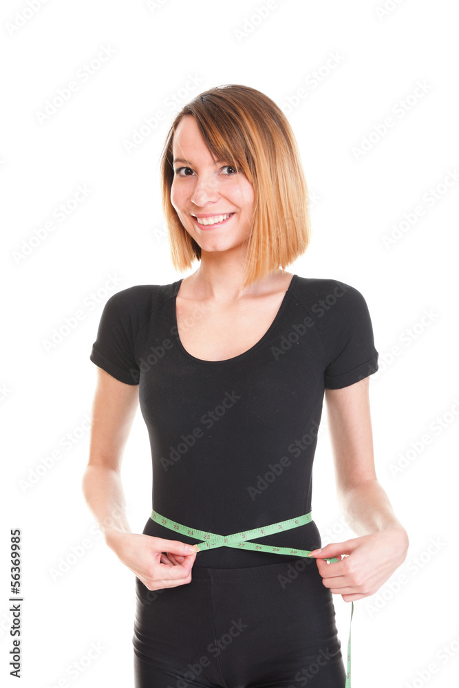 Pretty woman shows her weight loss wearing measure tapes isolate Pretty woman shows her weight loss wearing measure tapes isolate